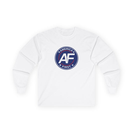 America First AF Logo Long Sleeve Tee — Patriotic Graphic Cotton Shirt
